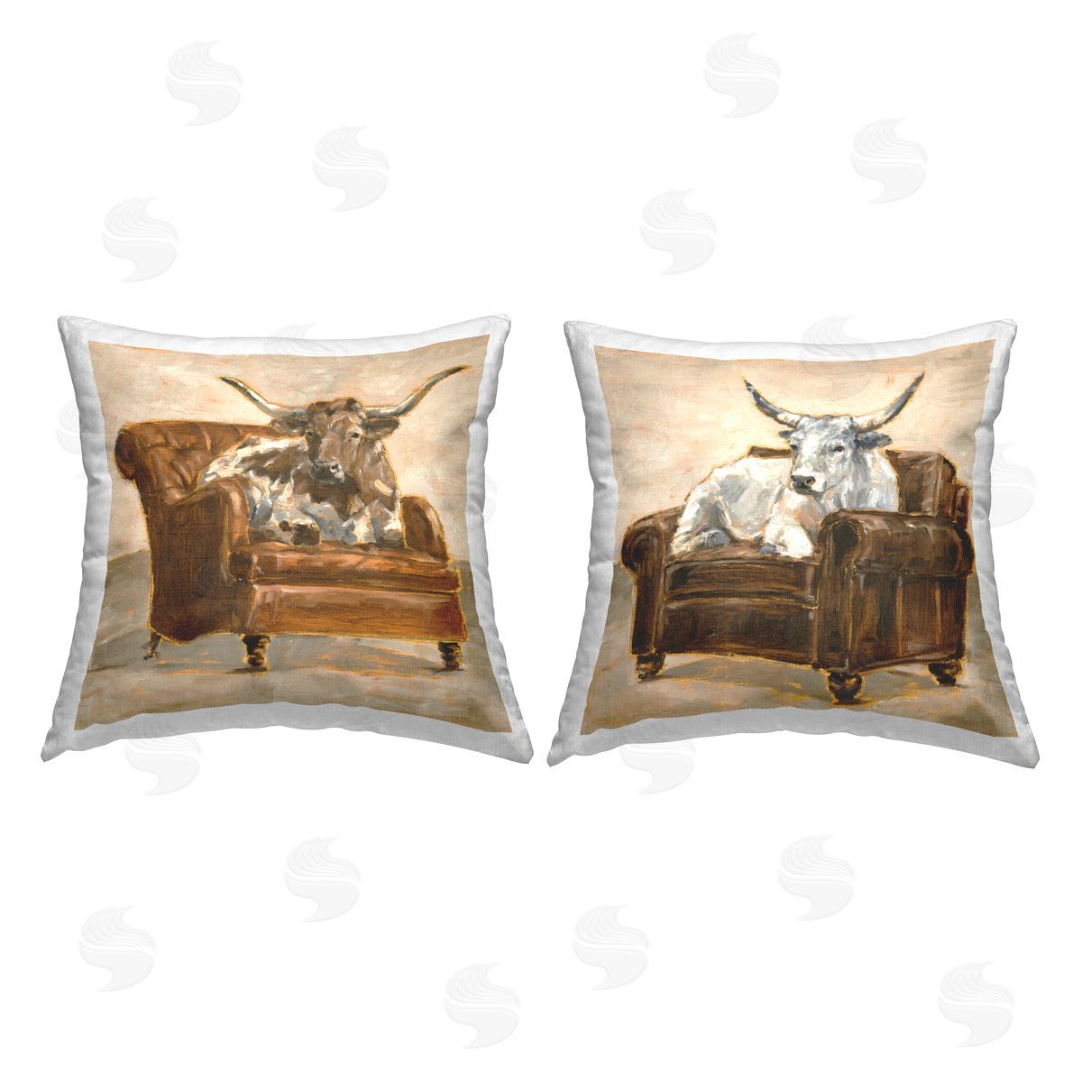 Country Cattle Long Horns on Chairs Decorative Printed Pillow, Home Decor by Ethan Harper