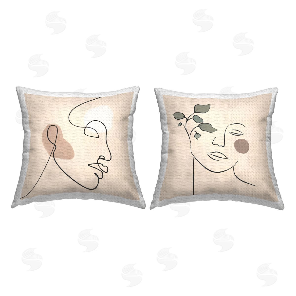 Boho Female Portrait Line Drawing Green Plant Outdoor Printed Pillow, Home Decor by JJ Design House LLC