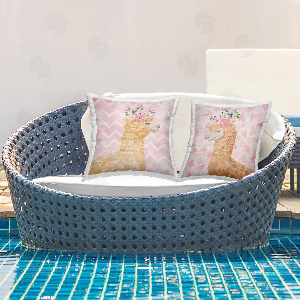 Nicole DeCamp Pastel Patterned Alpaca Pink Floral Crown Outdoor Quick-Dry Polyester Printed Throw Pillow in Back Yard