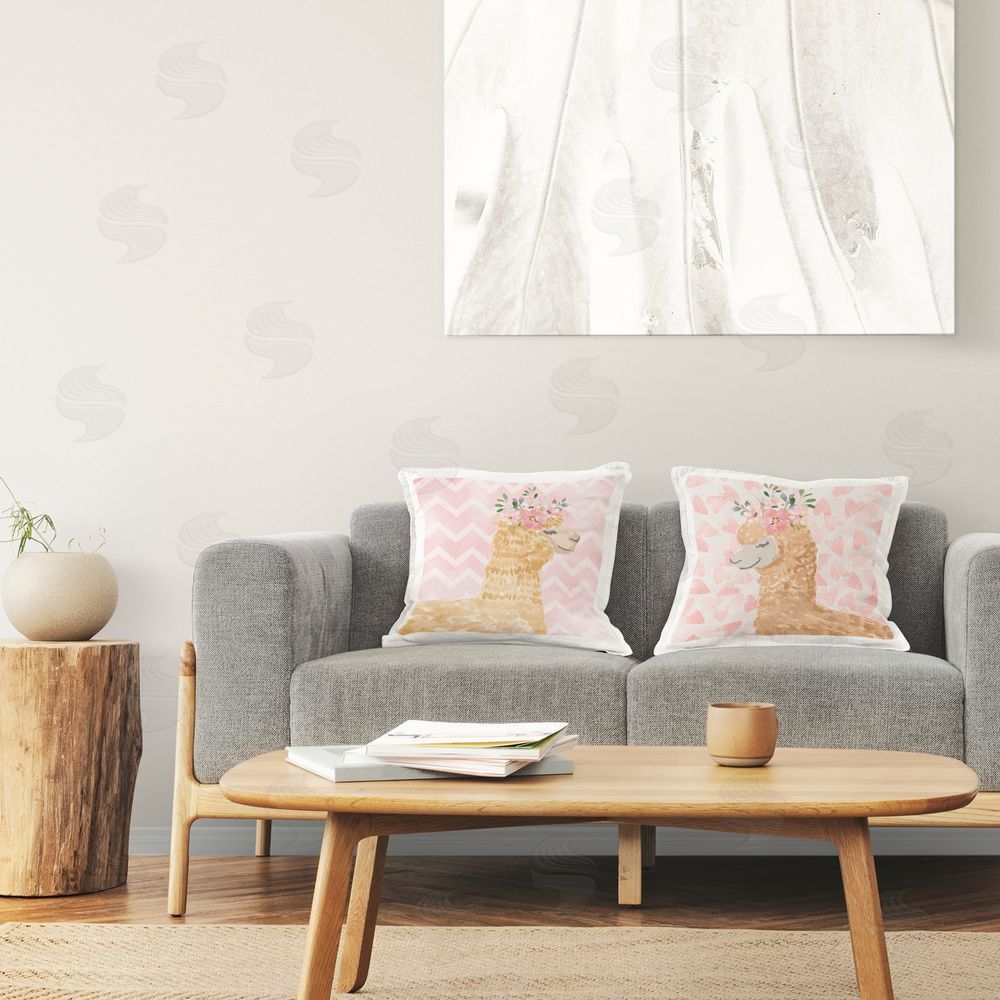 Nicole DeCamp Pastel Patterned Alpaca Pink Floral Crown Printed Plush Polyester Throw Pillow On Chair