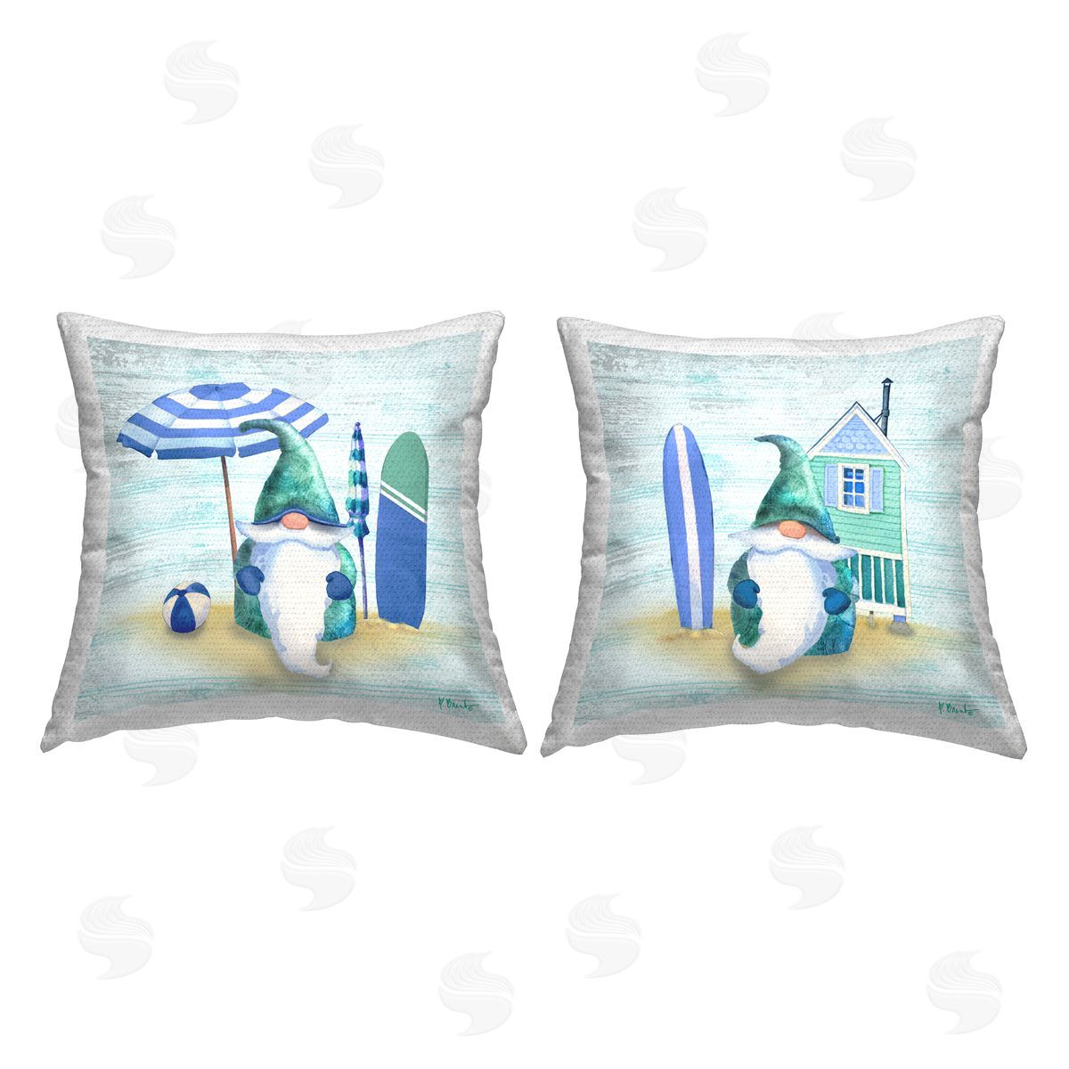 Coastal Surfing Nautical Gnomes Outdoor Printed Pillow, Home Decor by Paul Brent