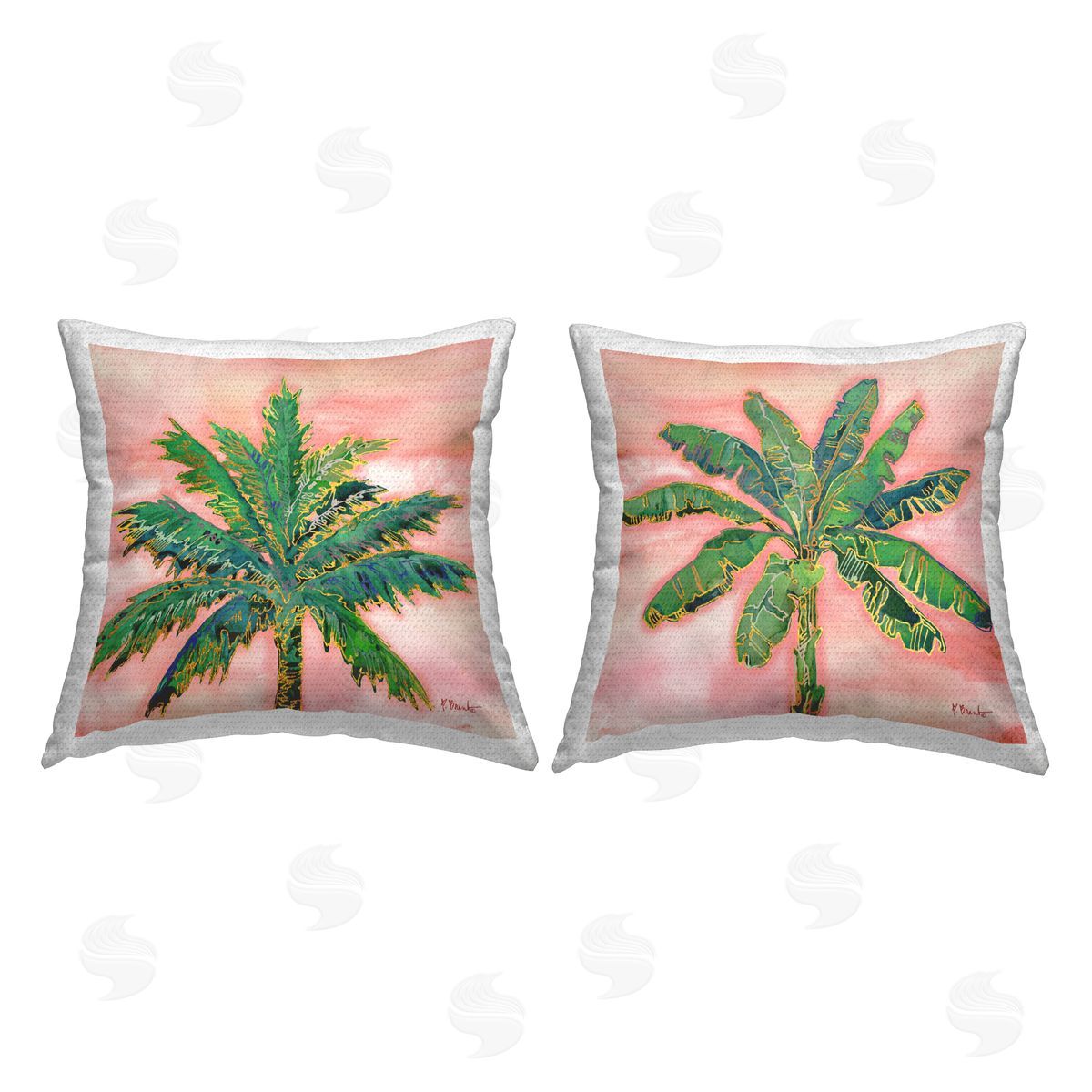 Tropical Pink Palm Trees Outdoor Printed Pillow, Home Decor by Paul Brent