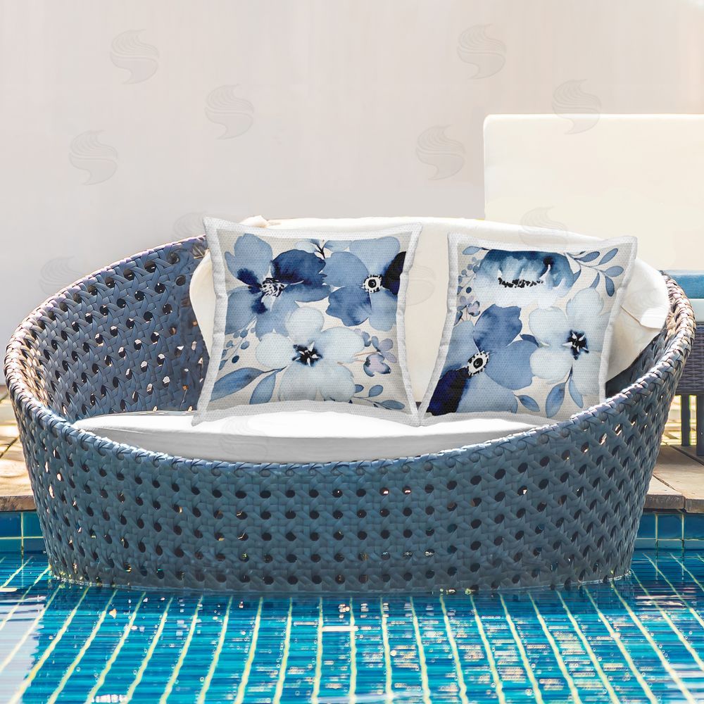Nicole DeCamp Modern Blue Blossom Petals Outdoor Quick-Dry Polyester Printed Throw Pillow in Back Yard
