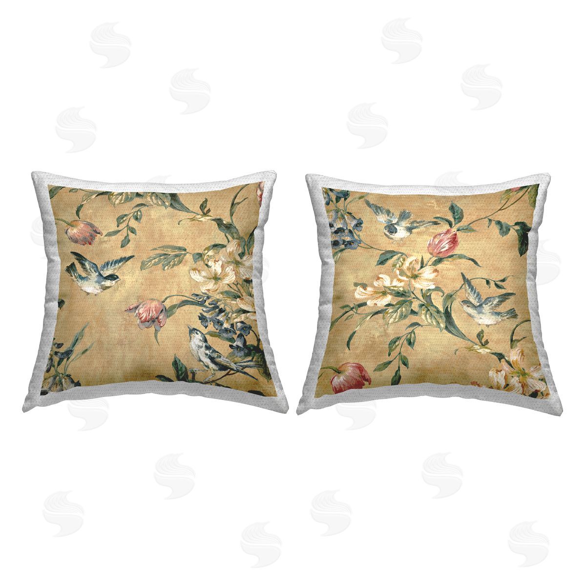 Traditional Birds Floral Branch Outdoor Printed Pillow, Home Decor by Reneé Campbell