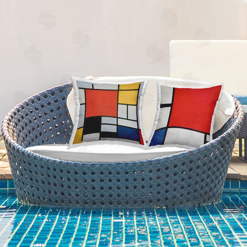 one1000paintings Piet Mondrian Classic Geometric Squares Outdoor Quick-Dry Polyester Printed Throw Pillow in Back Yard