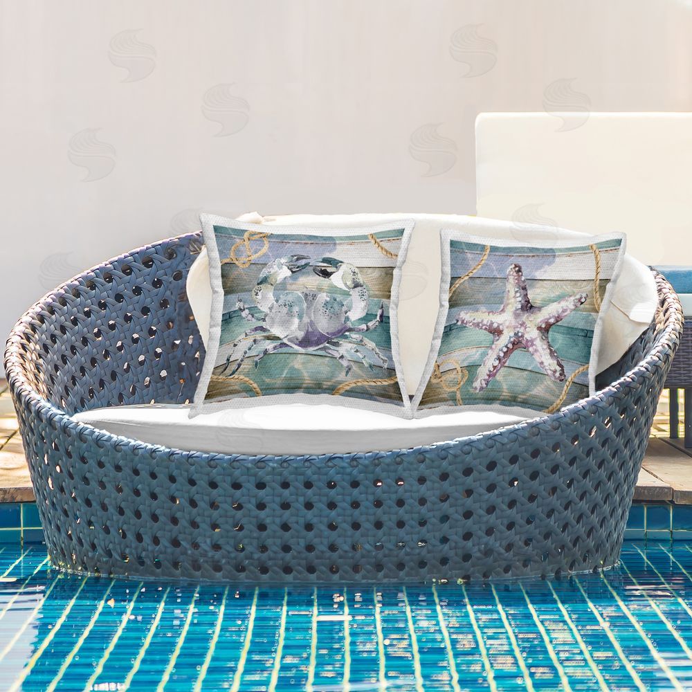 Nicole DeCamp Nautical Sea Life Stripes Outdoor Quick-Dry Polyester Printed Throw Pillow in Back Yard