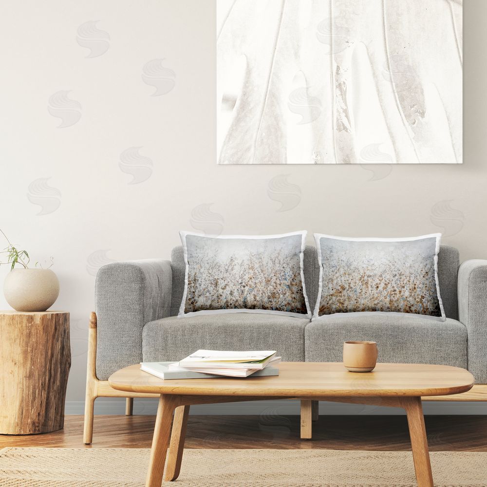 Tim O'Toole Beige & Grey Abstraction Printed Plush Polyester Throw Pillow On Chair