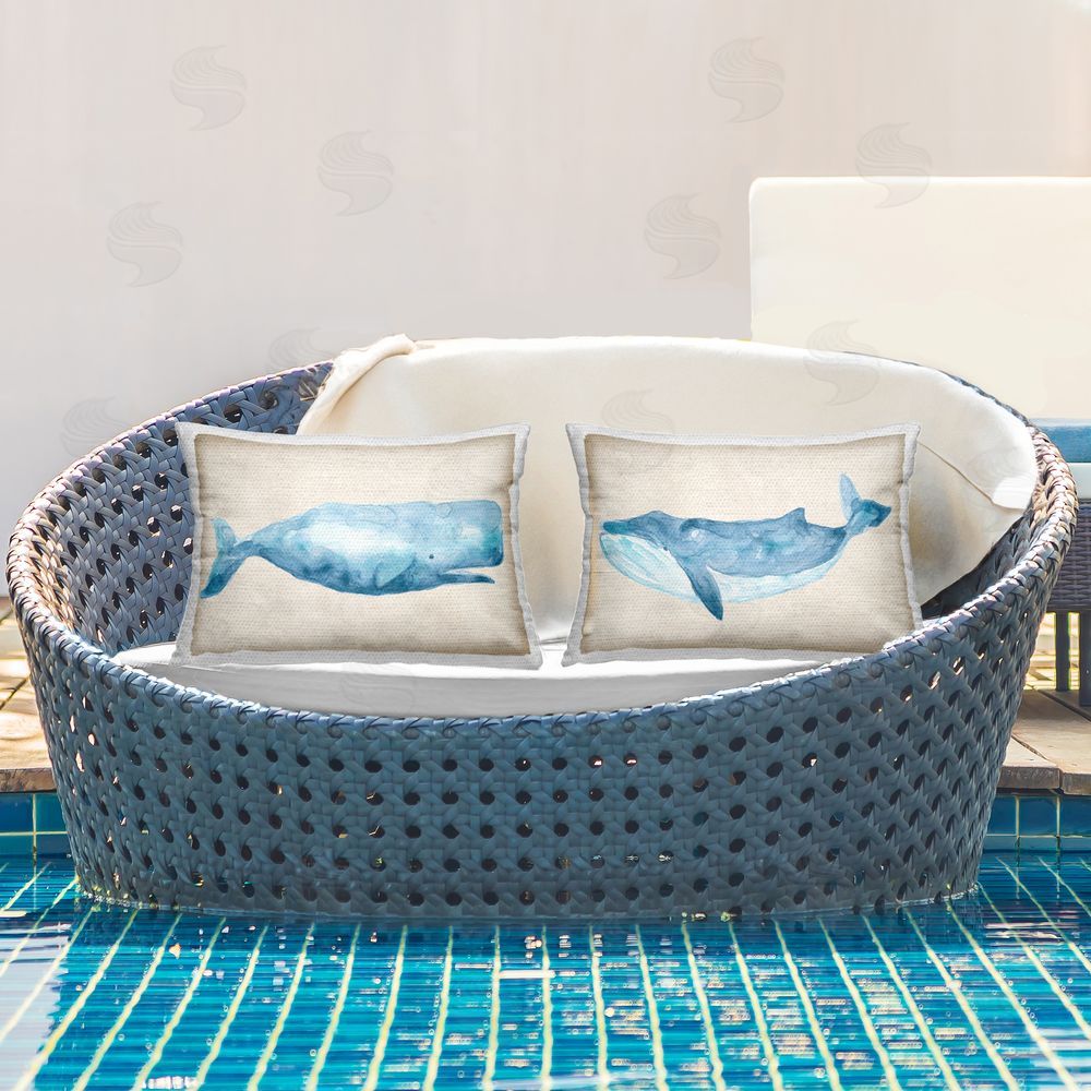 June Erica Vess Blue & Beige Whales Outdoor Quick-Dry Polyester Printed Throw Pillow in Back Yard