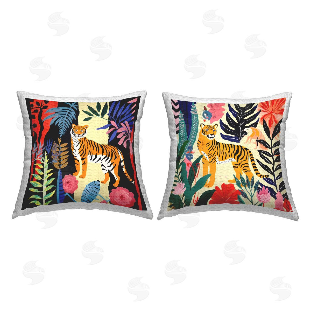 Tigers & Patterned Leaves Outdoor Printed Pillow, Home Decor by Jennifer Brinley
