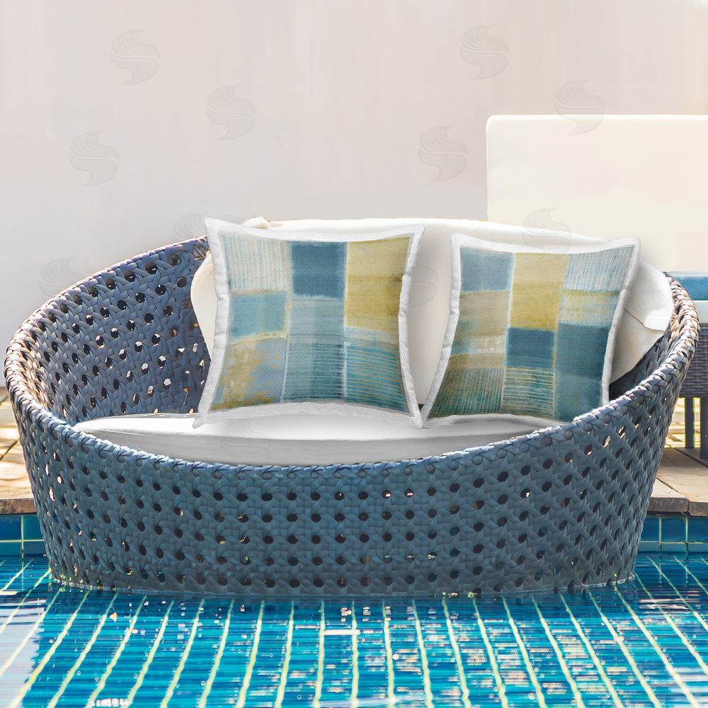 Flora Kouta Blue Rustic Geometrics Outdoor Quick-Dry Polyester Printed Throw Pillow in Back Yard