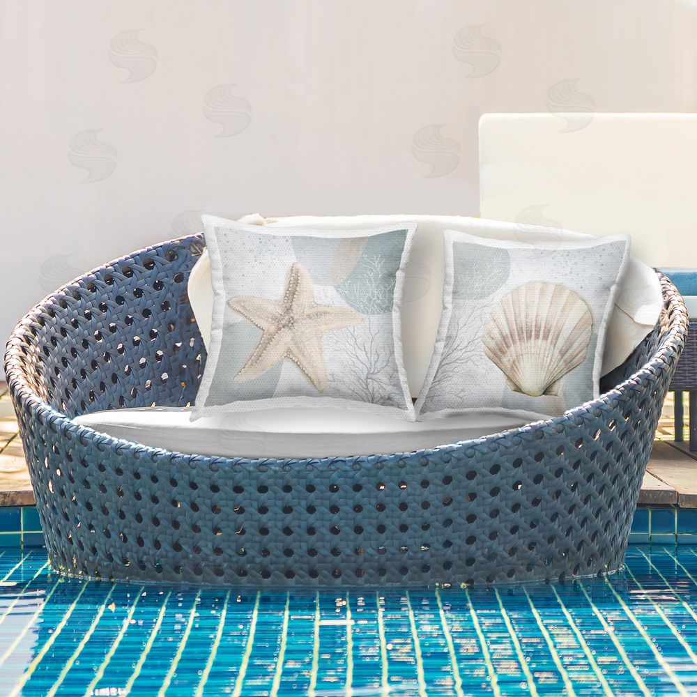 Patricia Pinto Scallop Starfish Sealife Outdoor Quick-Dry Polyester Printed Throw Pillow in Back Yard
