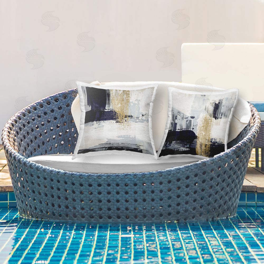 Alan Majchrowicz Patchy Navy Gold Abstract Outdoor Quick-Dry Polyester Printed Throw Pillow in Back Yard