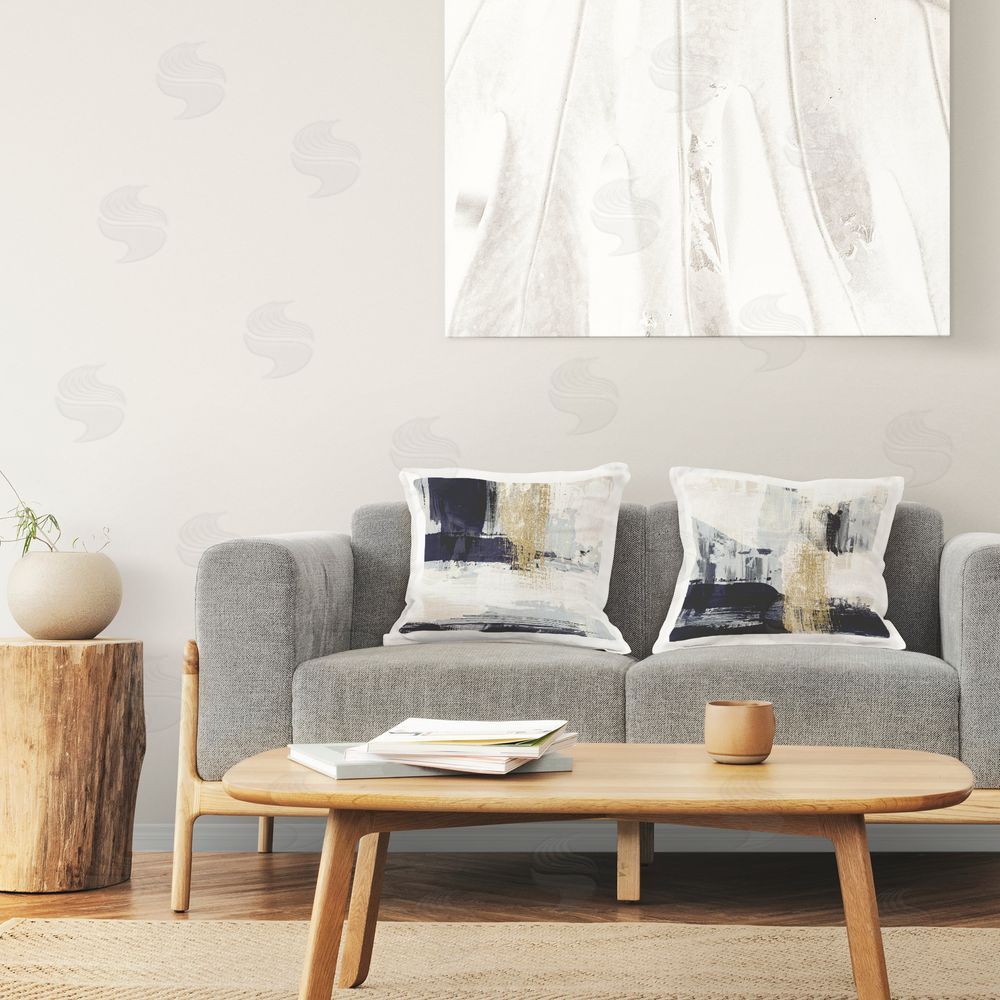 Alan Majchrowicz Patchy Navy Gold Abstract Printed Plush Polyester Throw Pillow On Chair