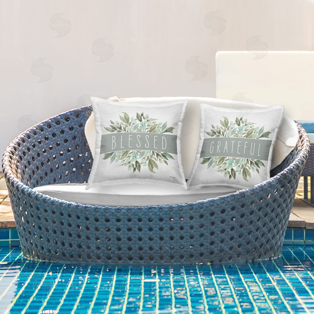 Leslie Trimbach Blessed Grateful Sentiment Outdoor Quick-Dry Polyester Printed Throw Pillow in Back Yard