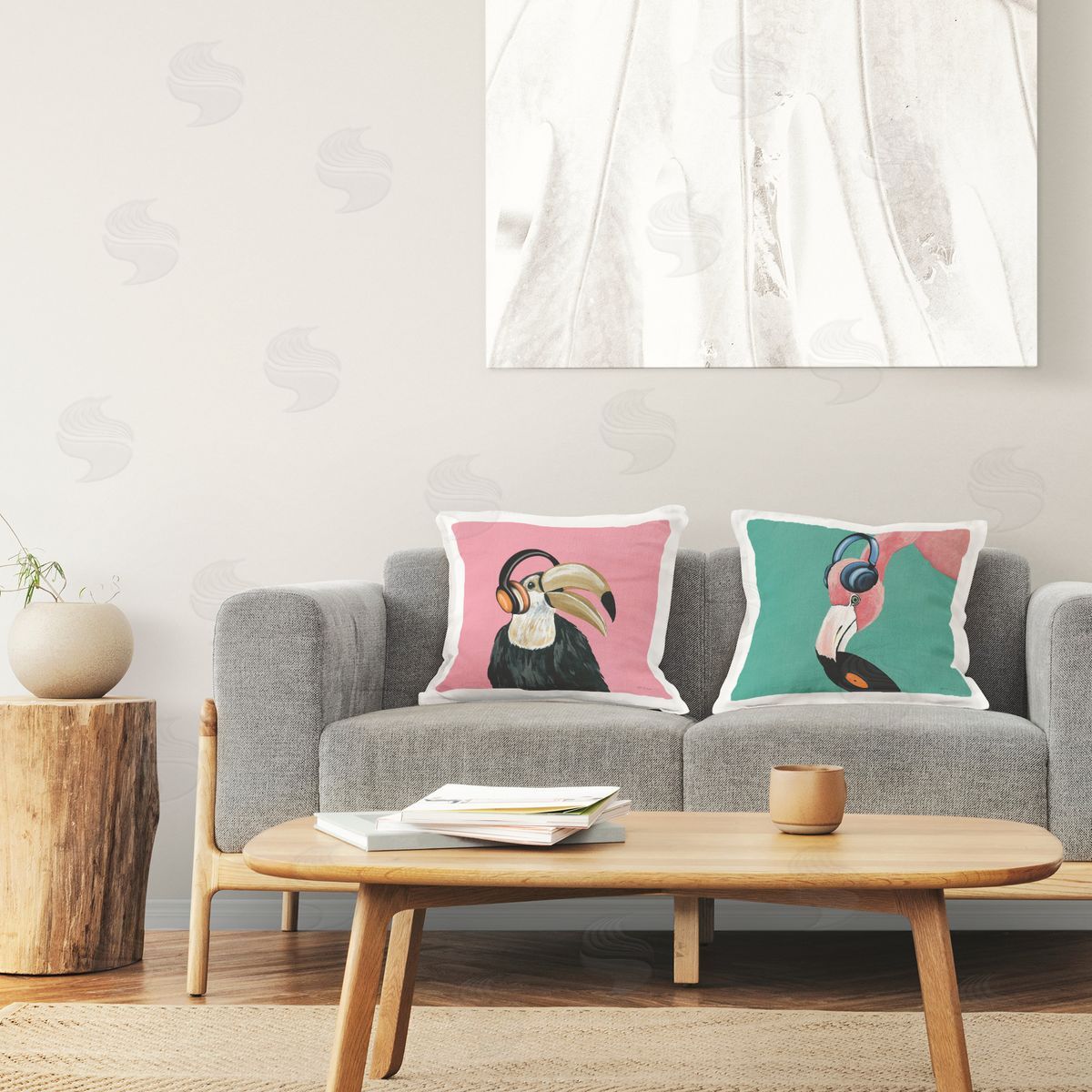 Yvette St. Amant Toucan and Flamingo Musical Pals  Printed Plush Polyester Throw Pillow