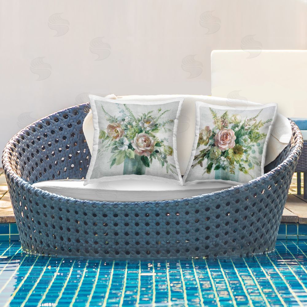 Danhui Nai Sage Peach Still Life Florals Outdoor Quick-Dry Polyester Printed Throw Pillow in Back Yard