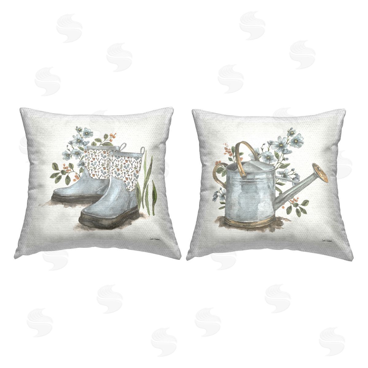 Leslie Trimbach Floral Watering Can Gardening Boots  Outdoor Quick-Dry Polyester Printed Throw Pillow