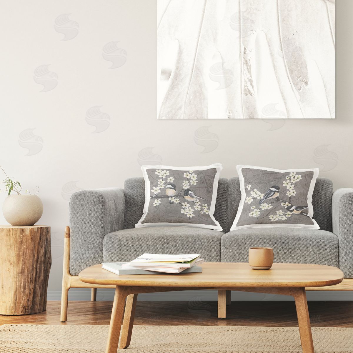 Stupell Studio Chickadee Birds Flowering Branch Printed Plush Polyester Throw Pillow
