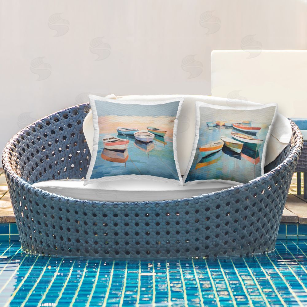 Irena Orlov Reflecting Boats on Shore Outdoor Quick-Dry Polyester Printed Throw Pillow in Back Yard