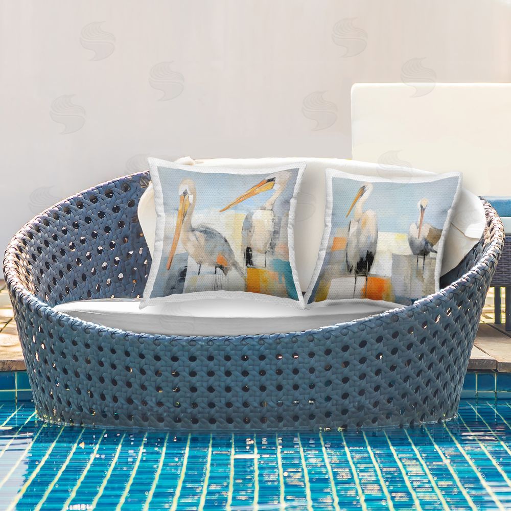 Irena Orlov Abstract Color Block Pelican Pair Outdoor Quick-Dry Polyester Printed Throw Pillow in Back Yard