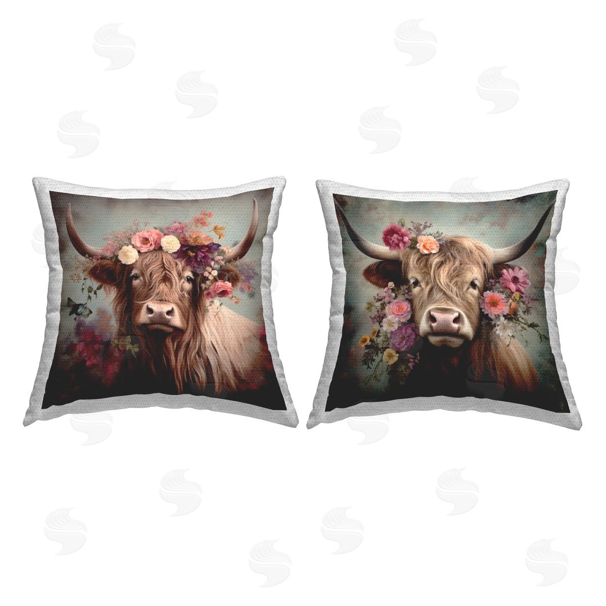 Irena Orlov Highland Cow Field Flower Crown Outdoor Quick-Dry Polyester Printed Throw Pillow