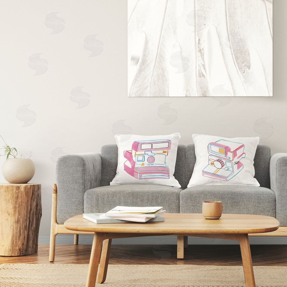 Melissa Wang Hand Drawn Vintage Camera Printed Plush Polyester Throw Pillow On Chair