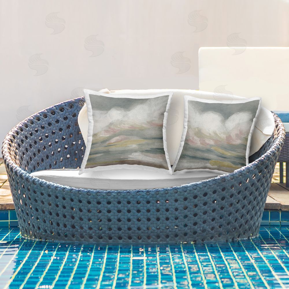 June Erica Vess Wispy Pink Mountains Outdoor Quick-Dry Polyester Printed Throw Pillow in Back Yard