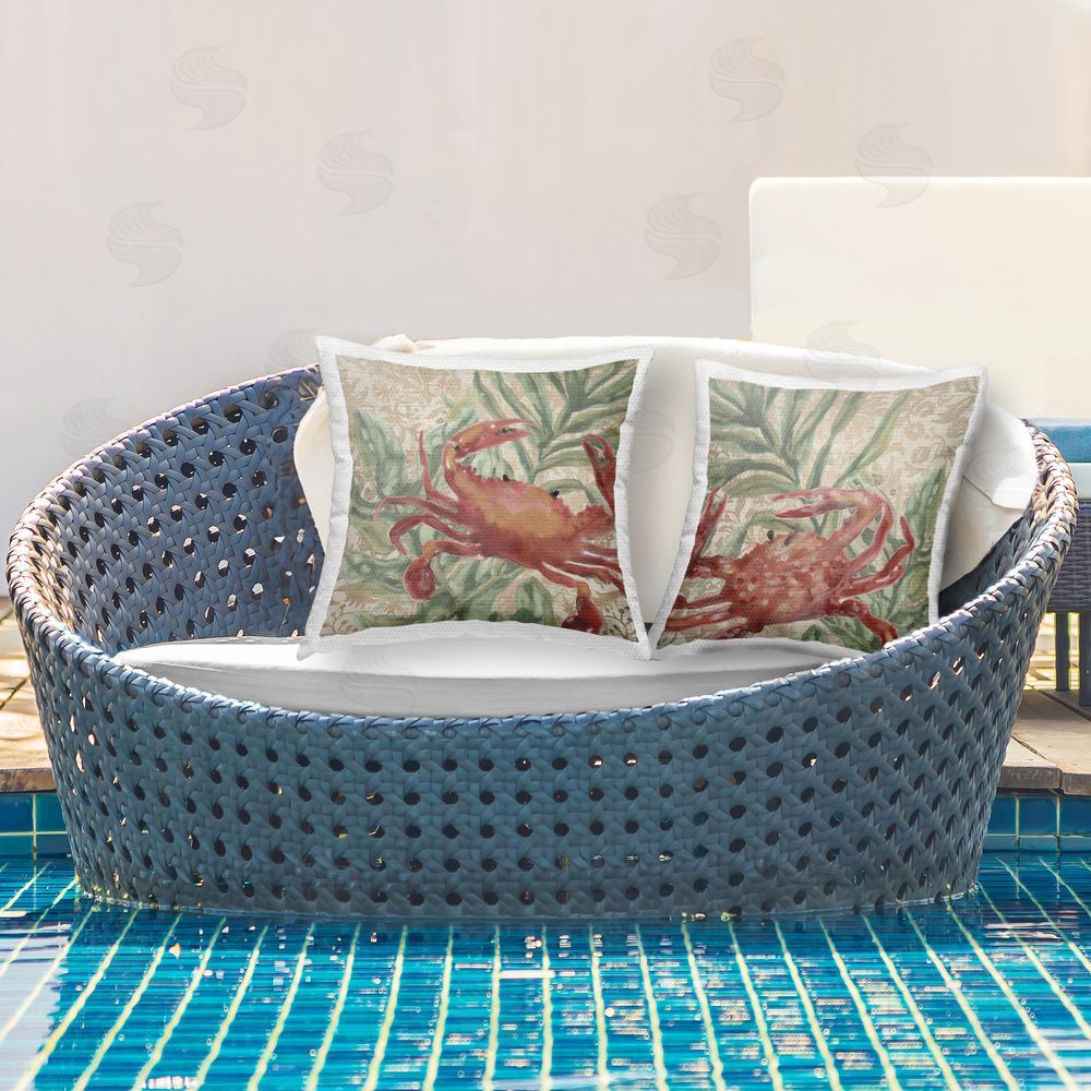 June Erica Vess Red Crab & Seaweed  Outdoor Quick-Dry Polyester Printed Throw Pillow in Back Yard