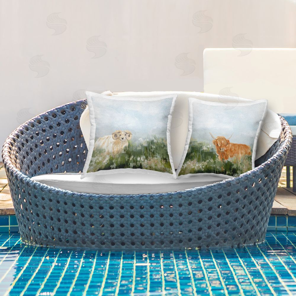 June Erica Vess Grazing Cattle & Ram Outdoor Quick-Dry Polyester Printed Throw Pillow in Back Yard