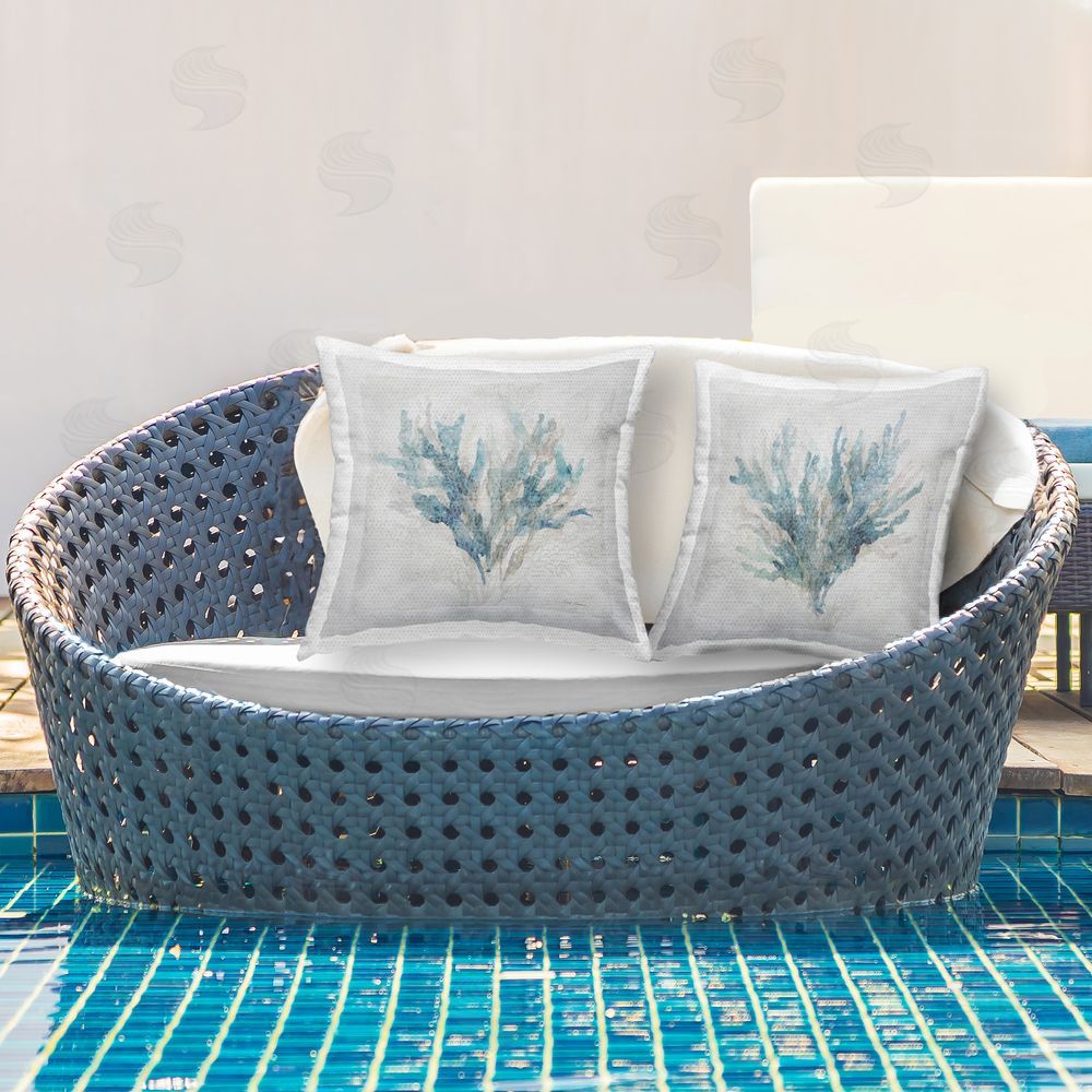 Carol Robinson Calm Blue Coral Outdoor Quick-Dry Polyester Printed Throw Pillow in Back Yard