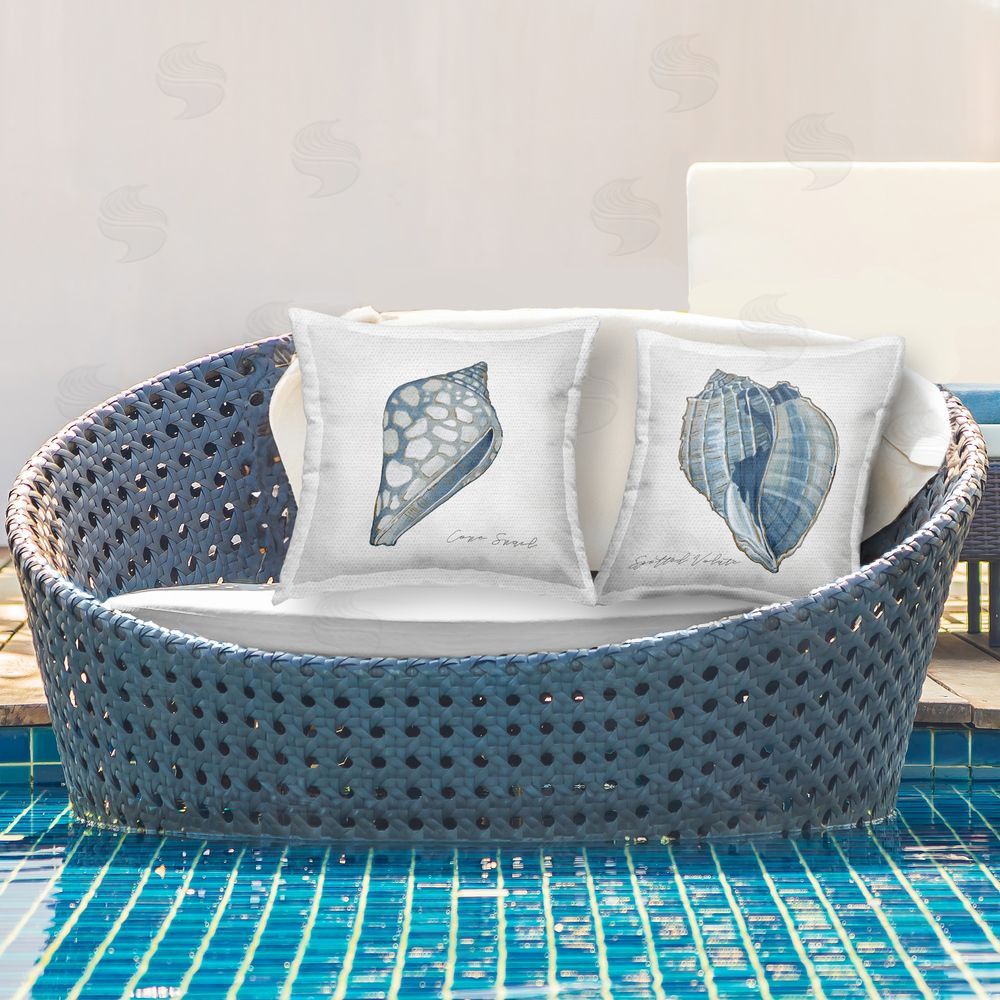 Carol Robinson Spotted Blue Seashells Outdoor Quick-Dry Polyester Printed Throw Pillow in Back Yard