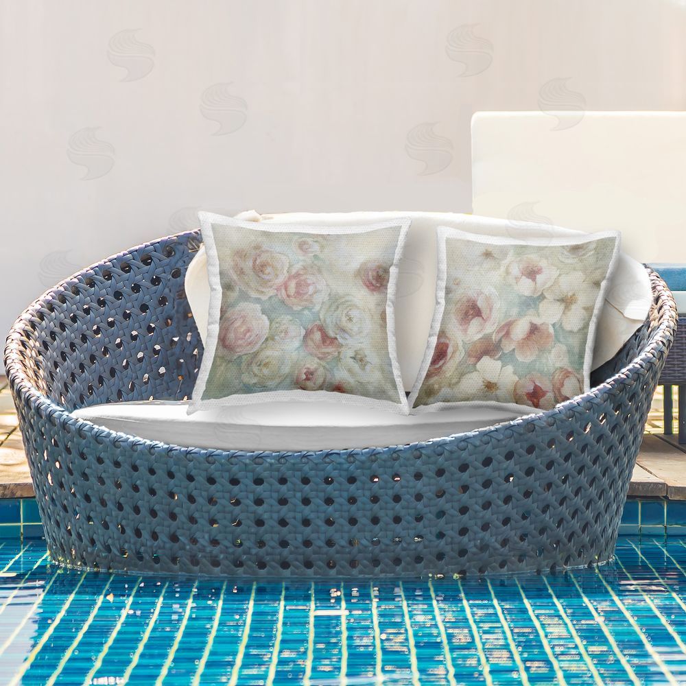 Carol Robinson Misty Rose Blooms Outdoor Quick-Dry Polyester Printed Throw Pillow in Back Yard