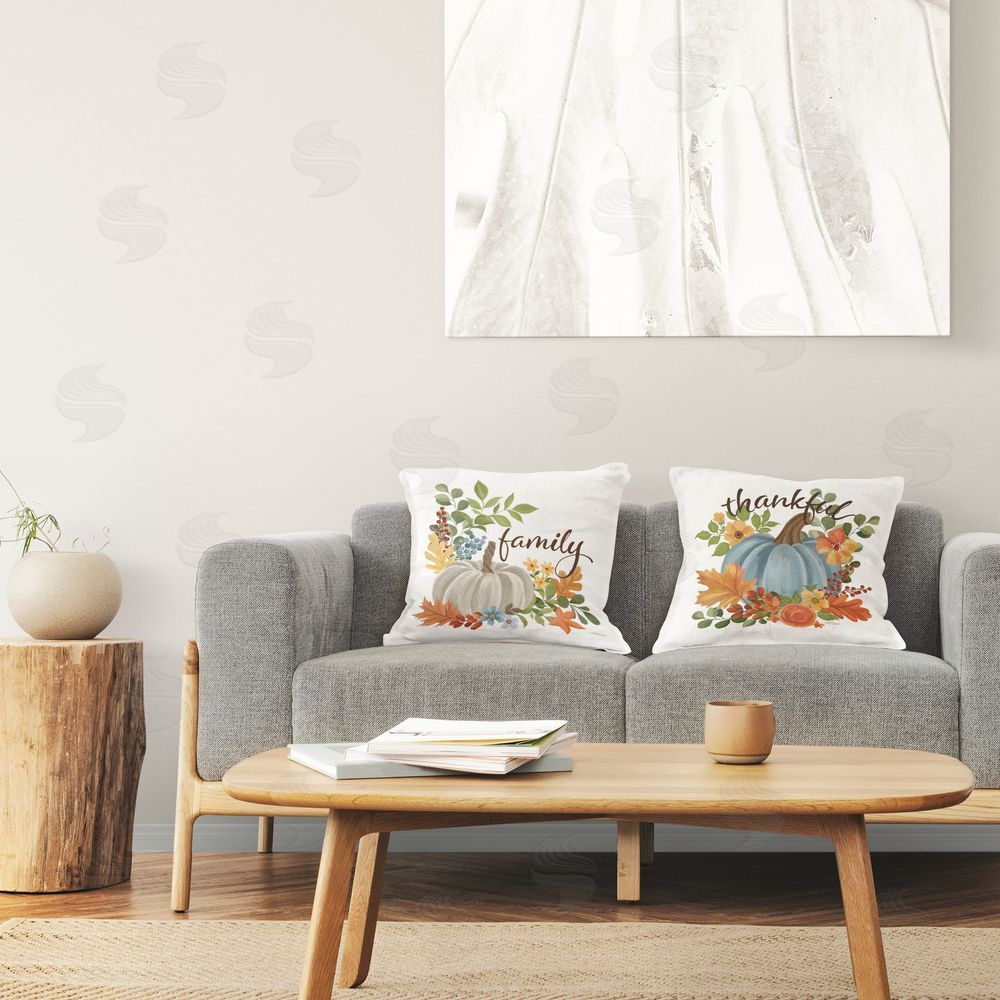 Cat Thurman Designs Family Thankful Fall Pumkin  Printed Plush Polyester Throw Pillow On Chair