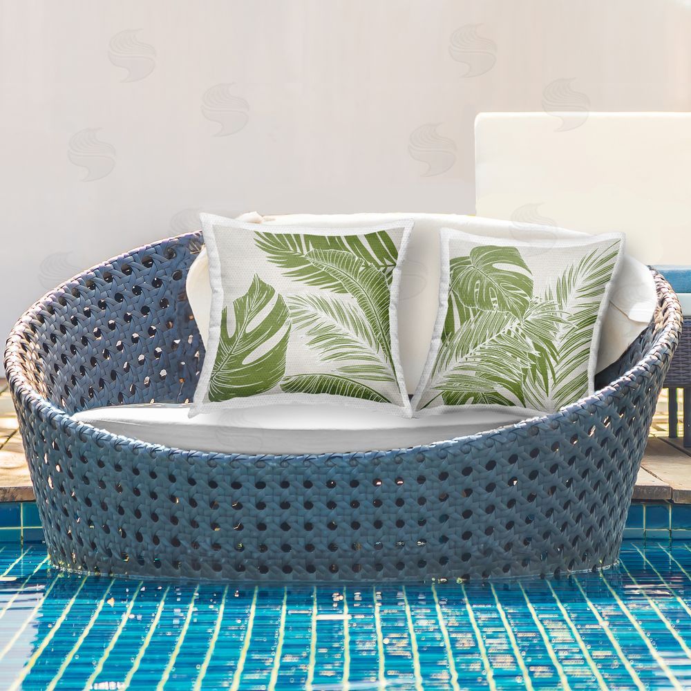 Kim Allen Overlapping Palm Leaves Outdoor Quick-Dry Polyester Printed Throw Pillow in Back Yard