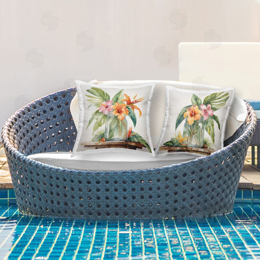 Kim Allen Hibiscus Flower Vase Outdoor Quick-Dry Polyester Printed Throw Pillow in Back Yard