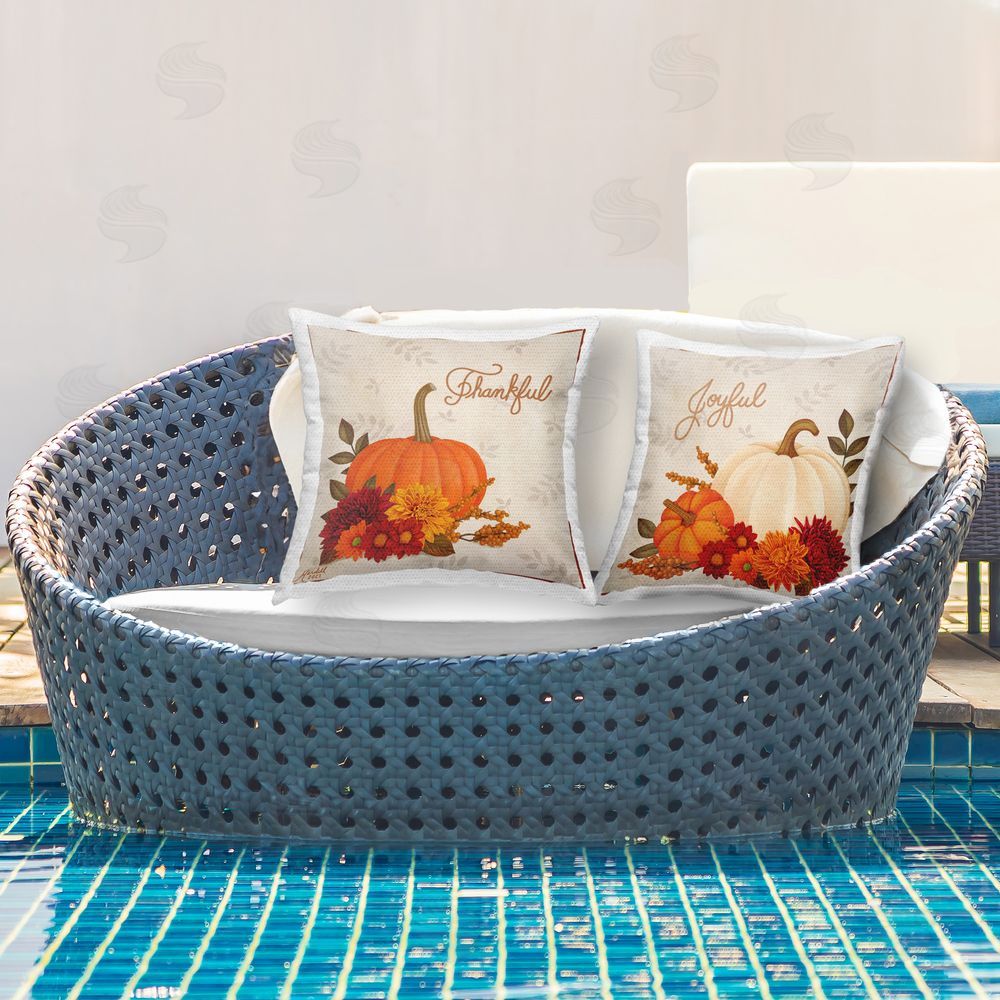 Mardell Schuster Joyful Thankful Sentiment Pumpkin  Outdoor Quick-Dry Polyester Printed Throw Pillow in Back Yard