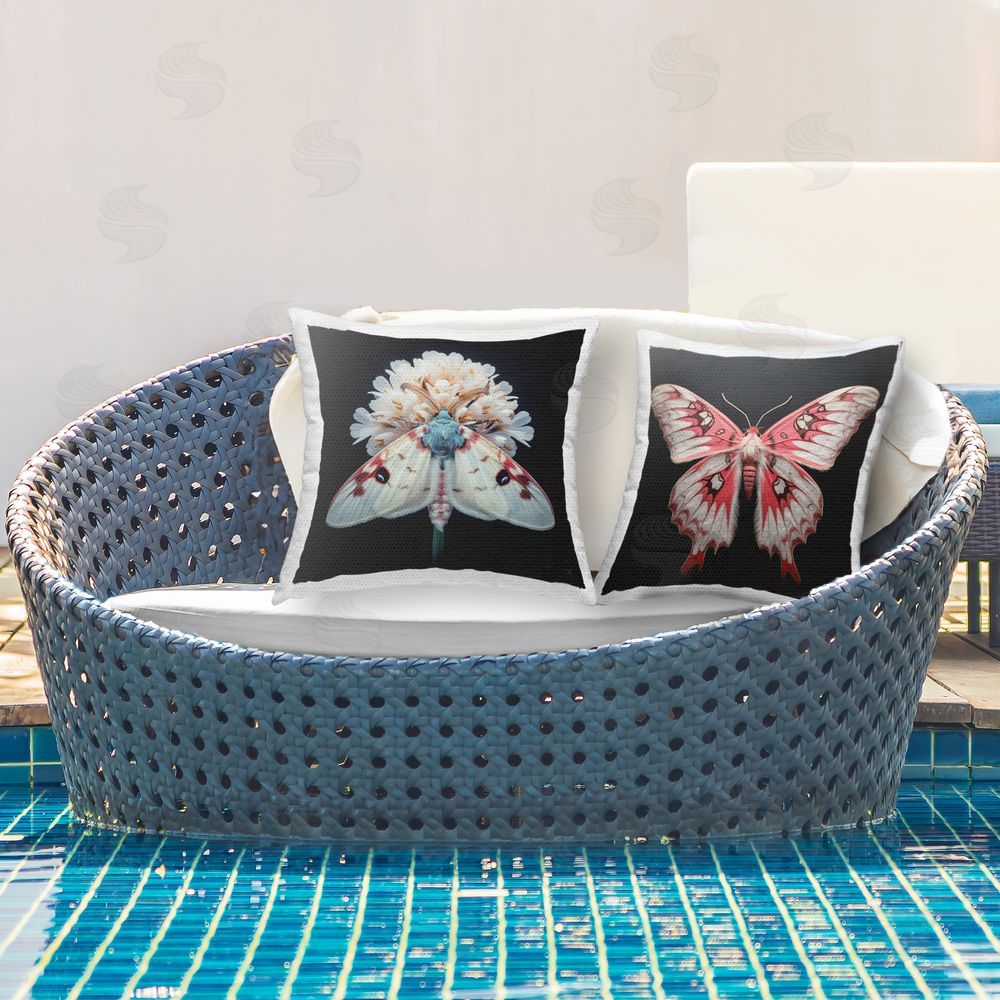 RB Detailed Pink Moths Flower Outdoor Quick-Dry Polyester Printed Throw Pillow in Back Yard