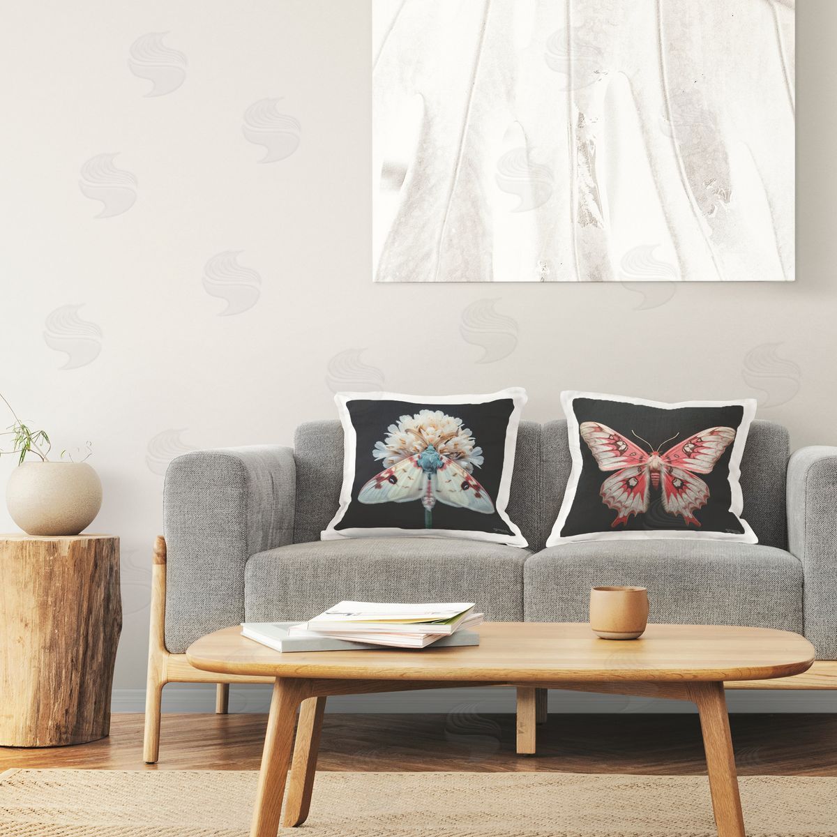 RB Detailed Pink Moths Flower Printed Plush Polyester Throw Pillow