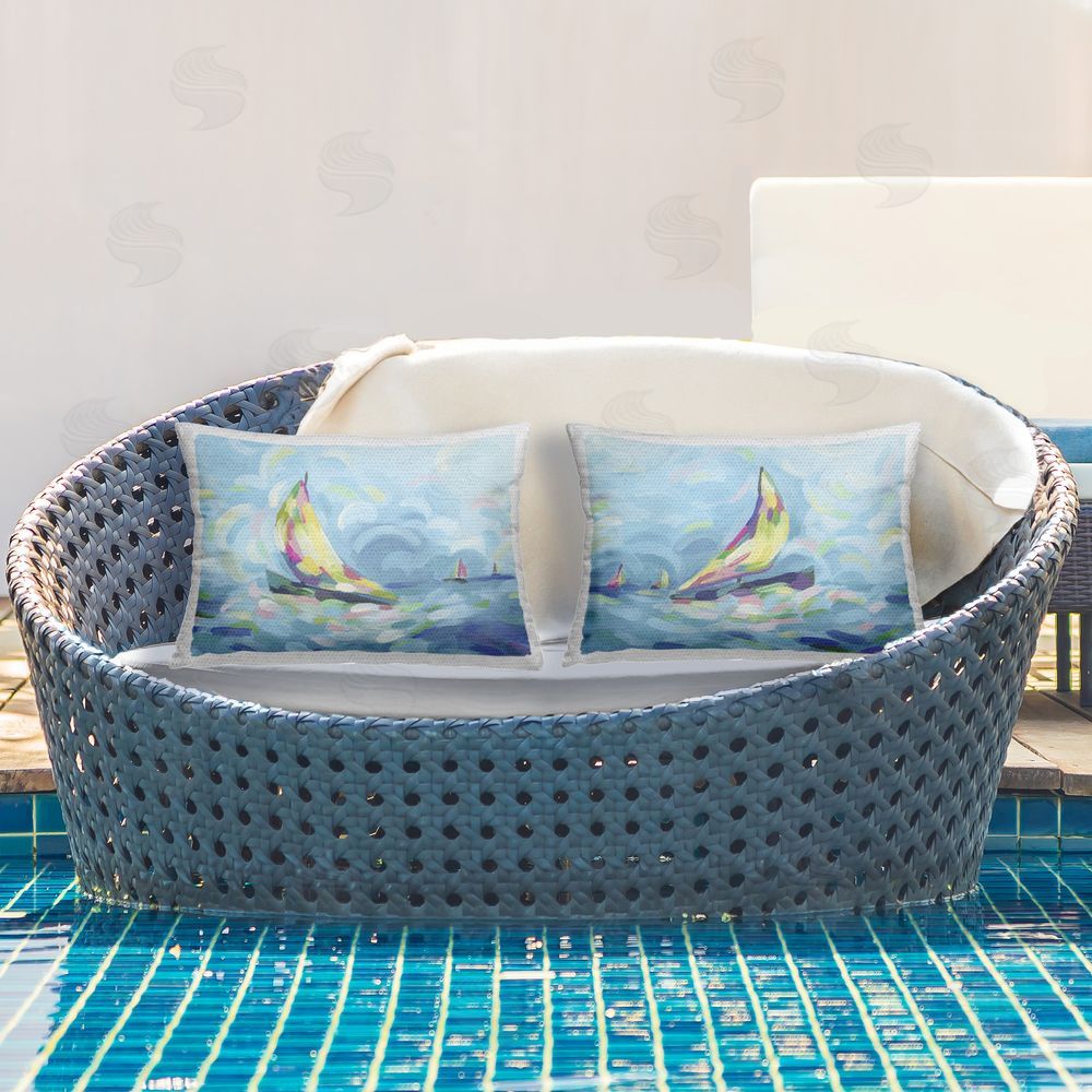 June Erica Vess Swirling Sailboat Fleet Outdoor Quick-Dry Polyester Printed Throw Pillow in Back Yard