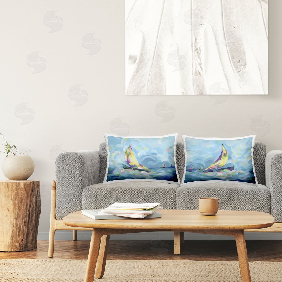 June Erica Vess Swirling Sailboat Fleet Printed Plush Polyester Throw Pillow