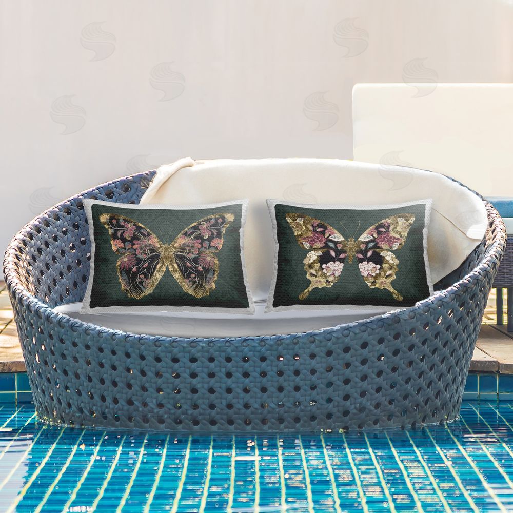 Victoria Barnes Gold Black Floral Butterfly Outdoor Quick-Dry Polyester Printed Throw Pillow in Back Yard