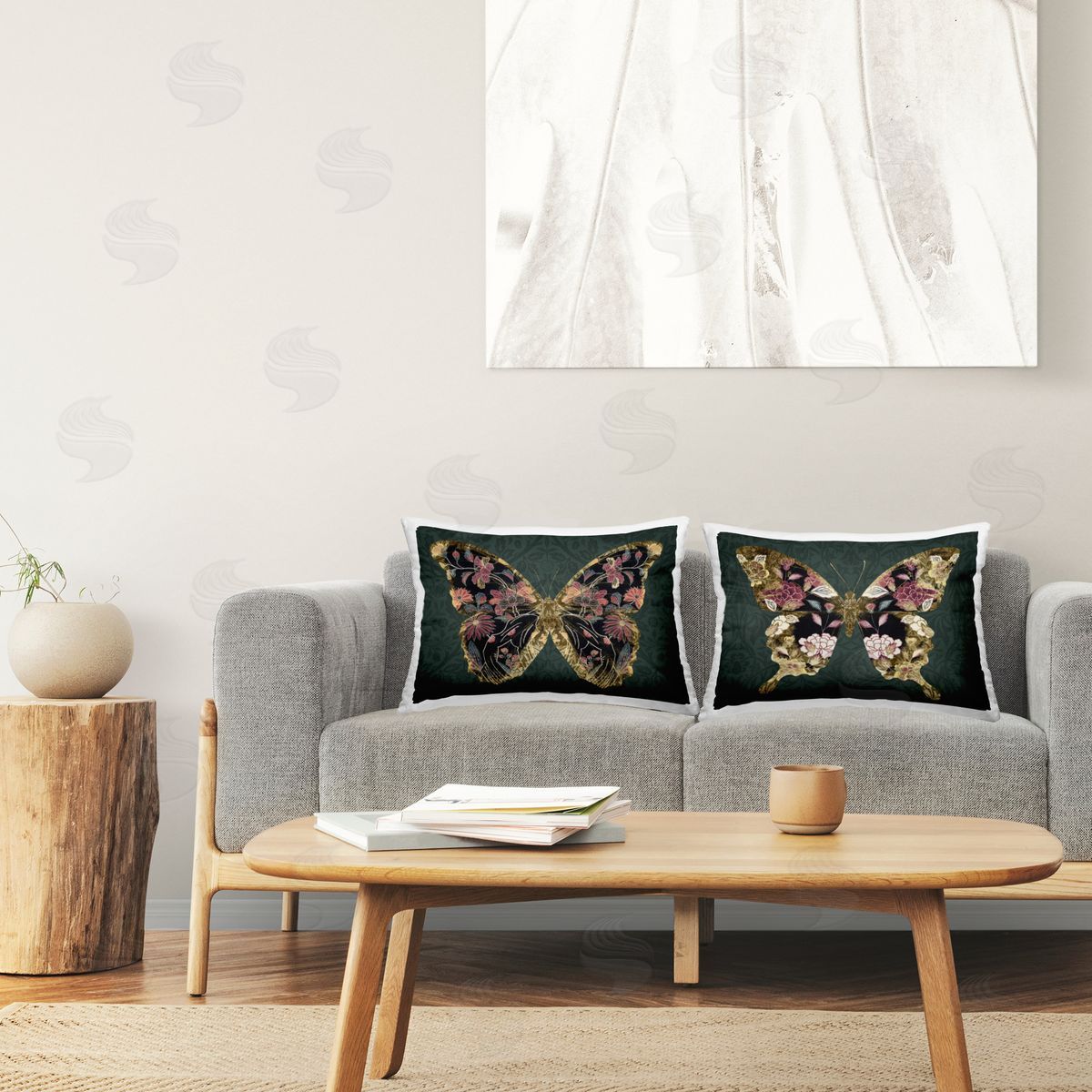 Victoria Barnes Gold Black Floral Butterfly Printed Plush Polyester Throw Pillow