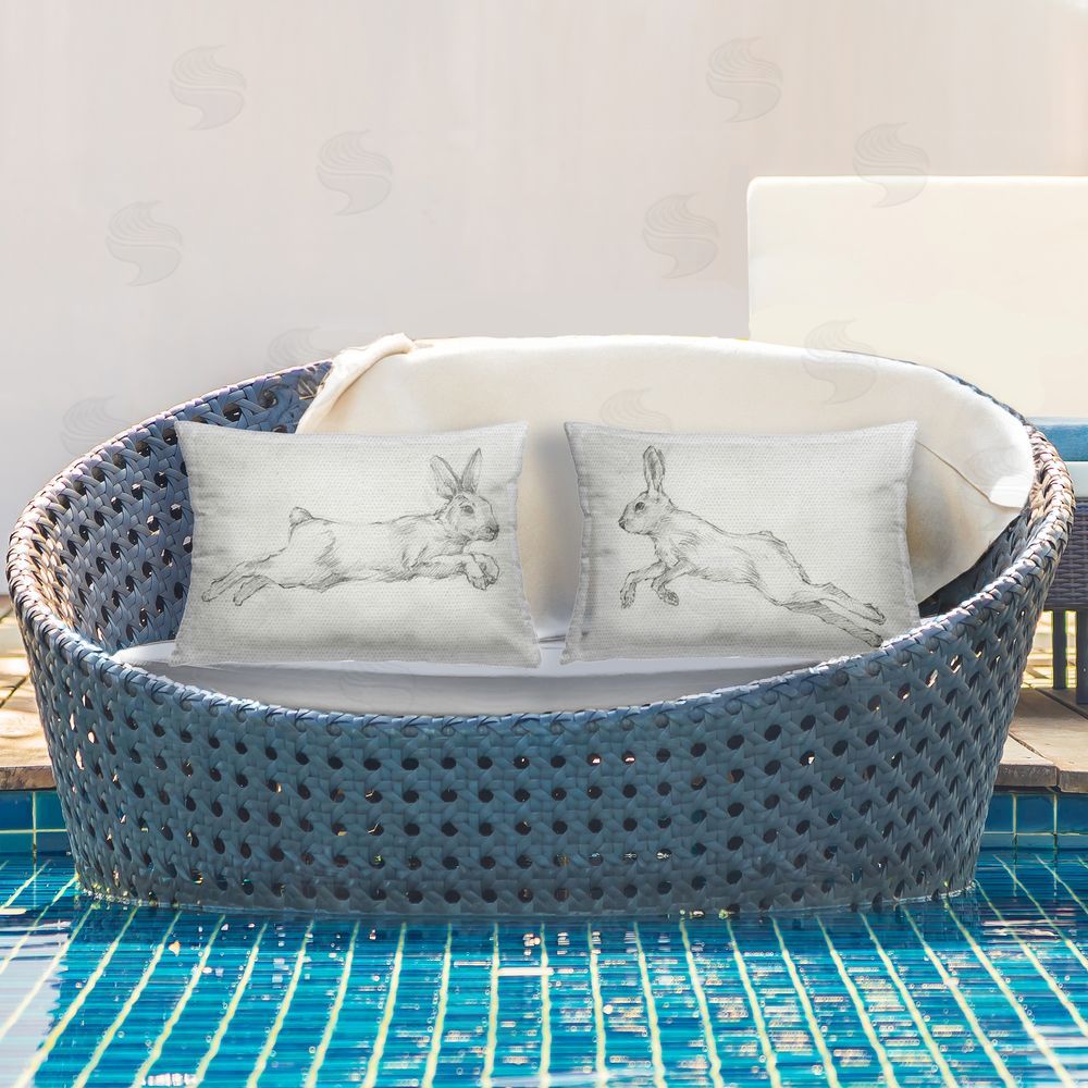 Ethan Harper Pencil Sketch Rabbit Jumping Outdoor Quick-Dry Polyester Printed Throw Pillow in Back Yard