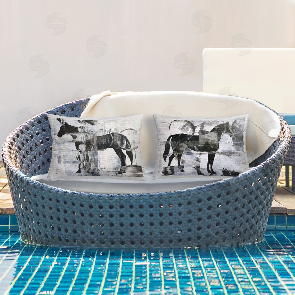 Ethan Harper Abstract Horse Silhouette Circles Outdoor Quick-Dry Polyester Printed Throw Pillow in Back Yard