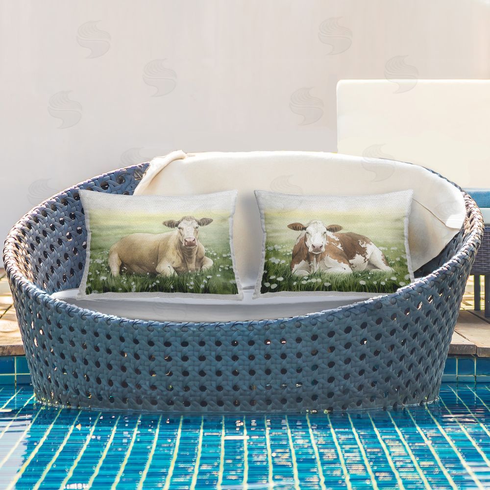 Grace Popp Cows Resting in Flower Field Outdoor Quick-Dry Polyester Printed Throw Pillow in Back Yard