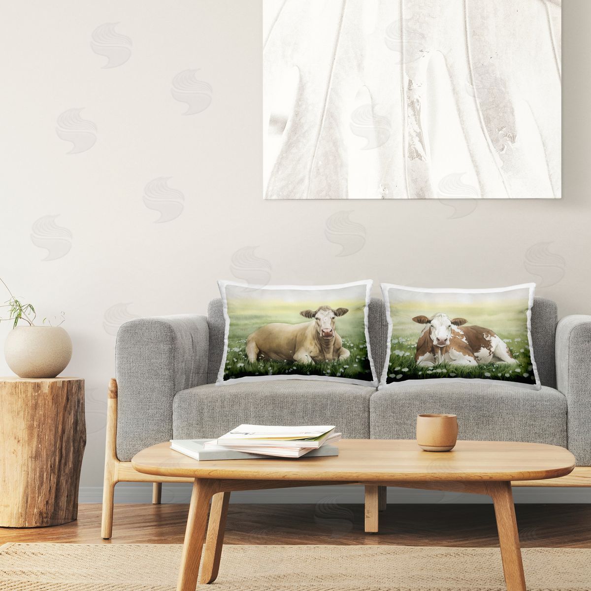 Grace Popp Cows Resting in Flower Field Printed Plush Polyester Throw Pillow
