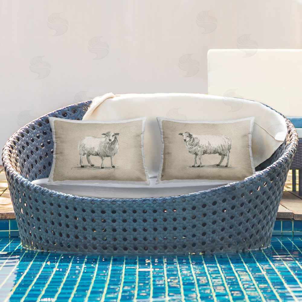 June Erica Vess Beige Sheep Portrait Outdoor Quick-Dry Polyester Printed Throw Pillow in Back Yard