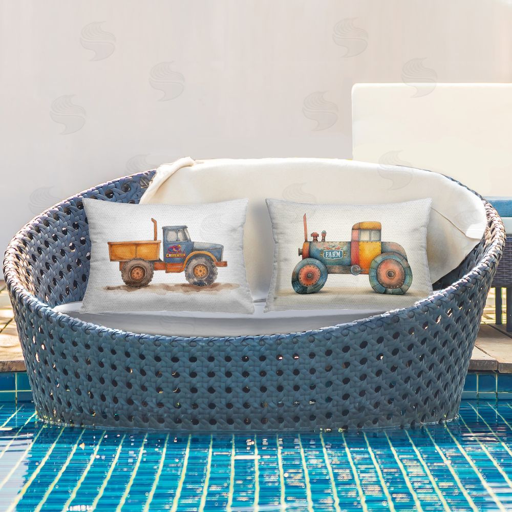 Steve Hunziker Carpenter Construction Trucks Outdoor Quick-Dry Polyester Printed Throw Pillow in Back Yard