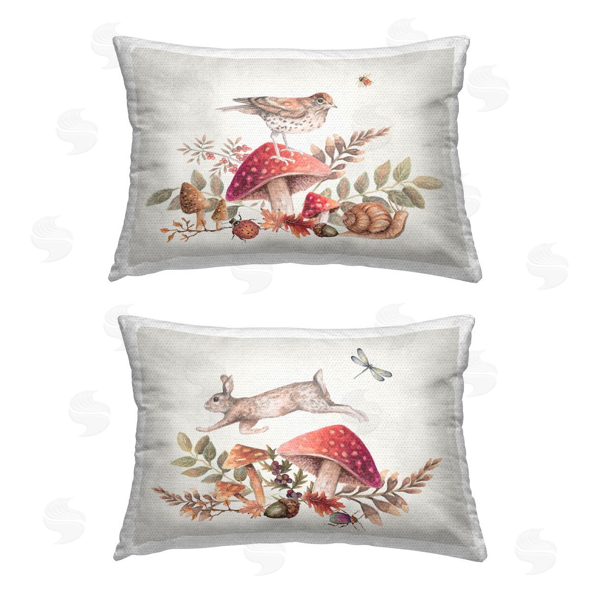 Janice Gaynor Woodland Bird Rabbit Mushrooms   Outdoor Quick-Dry Polyester Printed Throw Pillow