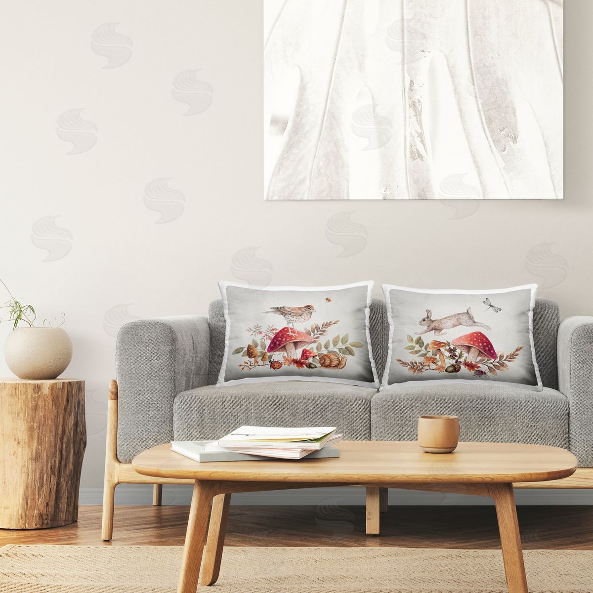 Janice Gaynor Woodland Bird Rabbit Mushrooms   Printed Plush Polyester Throw Pillow